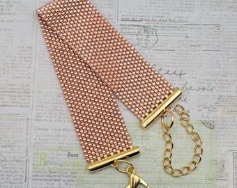Rose Gold Bracelet, 14-Row Peyote Stitch Beaded Cuff with Extender