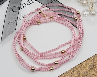 Dusty Pink Miyuki Bracelet Set with 14K Gold Filled Balls, Minimalist Jewelry