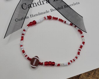 Alabama Bracelet, Crimson Tide Football Charm with Red, White, and Silver Beads