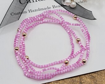 Bright Pink Miyuki Bracelet 14K Gold Filled Ball Set: Minimalist Layered Jewelry