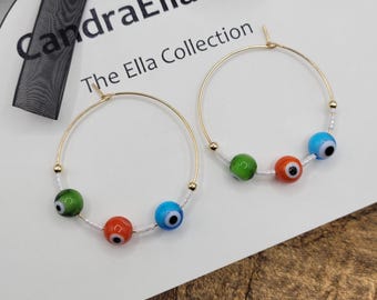 Evil Eye Jewelry Blue, Green and Orange Hoops with 14K Gold Filled Beads