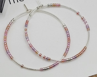 Large Hoop Earrings, Miyuki Seed Beads in Pink, Purple, and Silver
