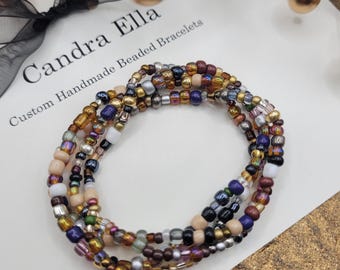 Delicate Seed Bead Bracelet or Anklet: Gold, Silver, Blue & White Handmade Jewelry