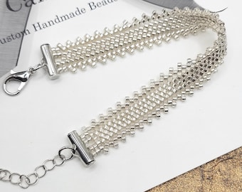 Peyote Bead Bracelet, Silver Wrap Seed Jewelry for Women