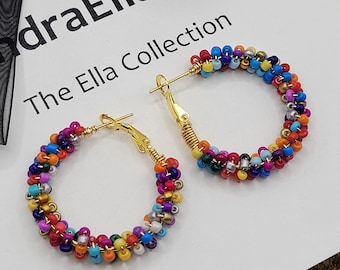 Beaded Hoop Earrings, Multi Colored Rainbow Seed Bead Design