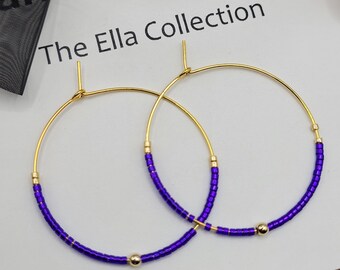 Beaded Hoop Earrings, Purple Miyuki Beads With Gold Accents