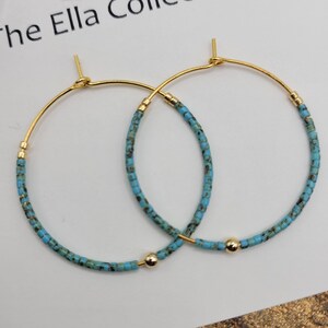 Dainty Hoop Earrings, Gold-Plated Balls with Teal Miyuki Seed Beads