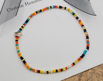 Native Inspired Mulit Colored Beads of Southwestern Style with Gold Star Bracelet - Single Strand