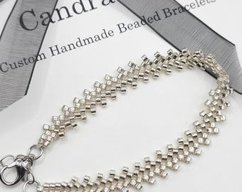 Peyote Bead Bracelet, Silver Woven Stitch Jewelry, Handmade Beaded