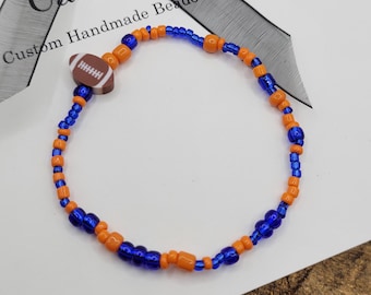 Gators Bead Bracelet, Orange And Blue Seed With Football Accent