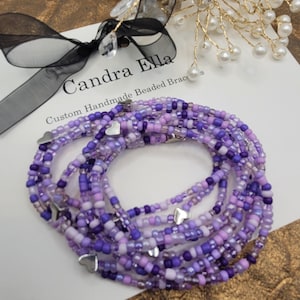Handmade Purple Beaded Stack Bracelet: Heart Charm Layered Jewelry