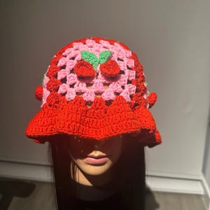 Cherry crochet bucket hat, cherry hat, crochet cherry bucket hat, Crochet Cherry hats