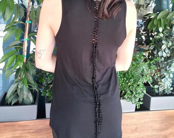 Braided black pixie dress. Long tunic cotton top gothic clothing.