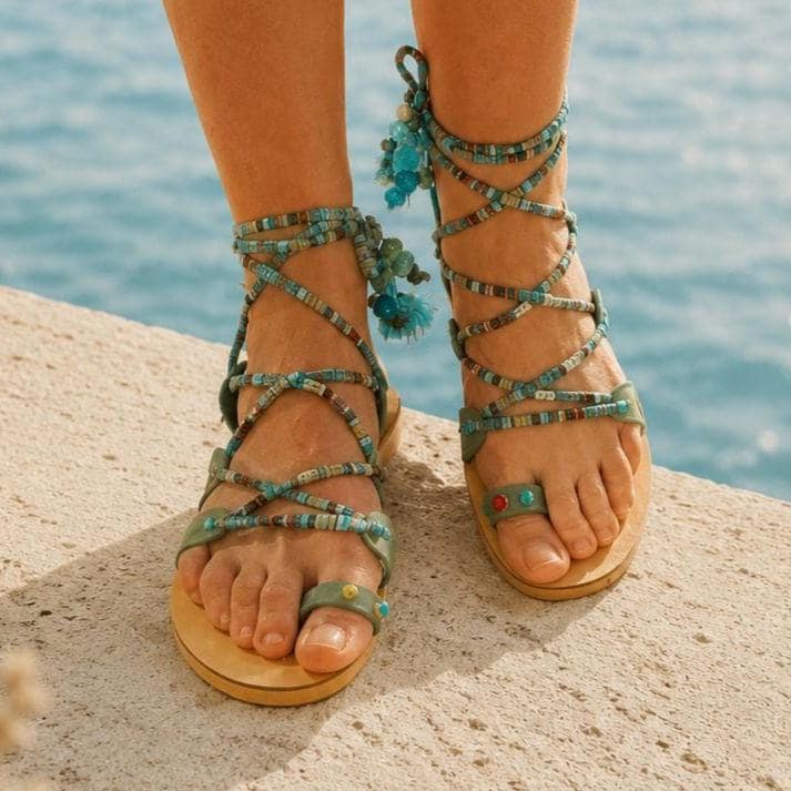 Boho green leather suede, gladiator sandals. Greek festival outfit.