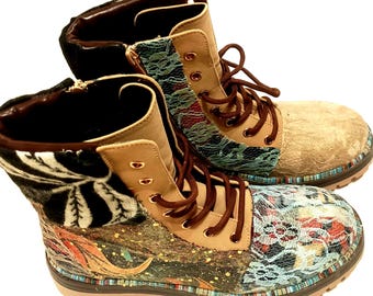 Custom vegan mountain boots. Beige boots for anytime of the day.