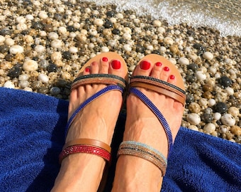 Leather strass sandals EU39. Greek boho barefoot sandals.