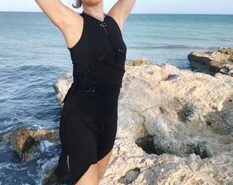 Black elven tunic. Gothic flair festival ready cotton pixie dress.