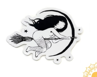 May include: A white vinyl sticker featuring a black illustration of a witch riding a broomstick on a crescent moon. The sticker has the word "witch" at the top and "vinyl sticker" and "stasiaburrington.com" at the bottom.