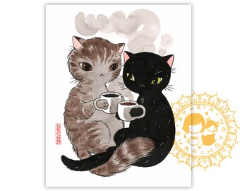 Coffee Cat Cuddle - cozy loving hot drink kitties - art print 8x10