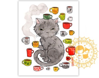 So Many Cups - cozy coffee tea hot drink kitty - art print 8x10