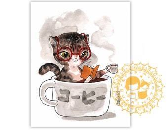 Japanese coffee cat - art print 8x10 - koohii neko