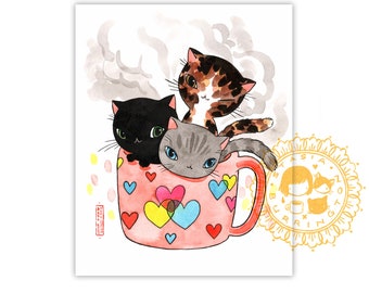 Coffee Cat Trio - 8x10 art print - friends and lovers