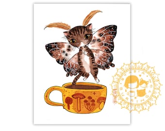 Caffeine Fairy - 8x10 art print of a coffee cat moth thingy