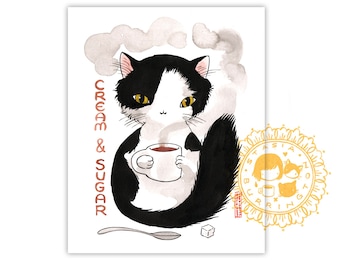 Cream and Sugar - 8x10 art print - black and white coffee cat