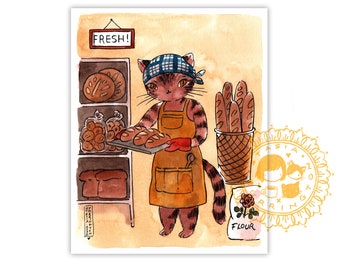 Baking Kitty - Fine Art Print - 8x10 - ink and watercolor painting