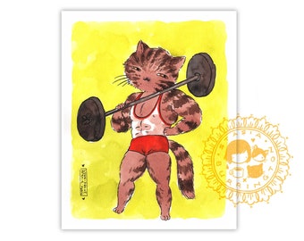 Swole Kitty - Fine Art Print - Weight Lifter Strong Cat - 8x10
