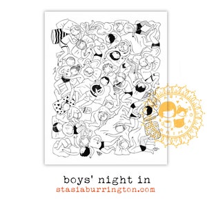 Boys Night In - 11x14in Wall Art Print - Fun sexy black and white drawing