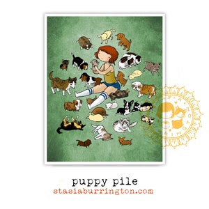 8x10 Puppy Art - color fine art print - Dog Pile Drawing