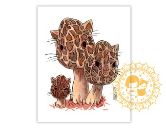 Morel Mushroom Cats - Meowshrooms - Fine Art Print 8x10