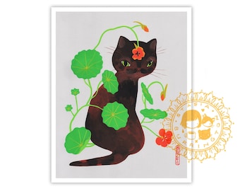 Nasturtium Kitty - 8x10 art print of botanical cat