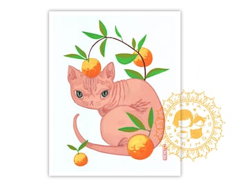 Yuzu Bath Kitty - 8x10 art print of botanical cat