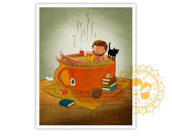 8x10 Cozy Man - rustic relaxing tea book cat boy print