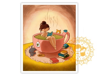 Tea Bath - cozy relaxing tea book cat girl print