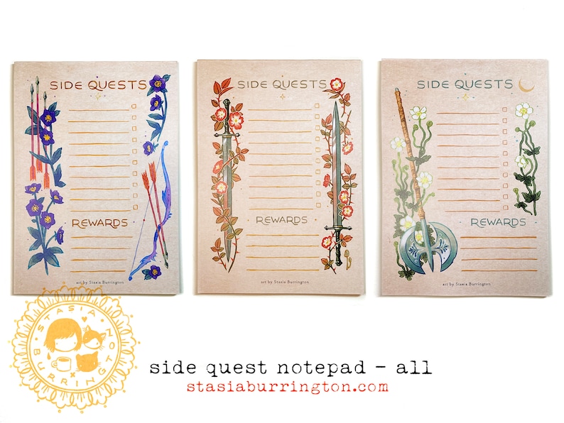 Side Quest Notepads Action Adventure Fantasy To Do lists Set of all Three