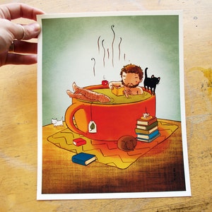 8x10 Cozy Man rustic relaxing tea book cat boy print image 5