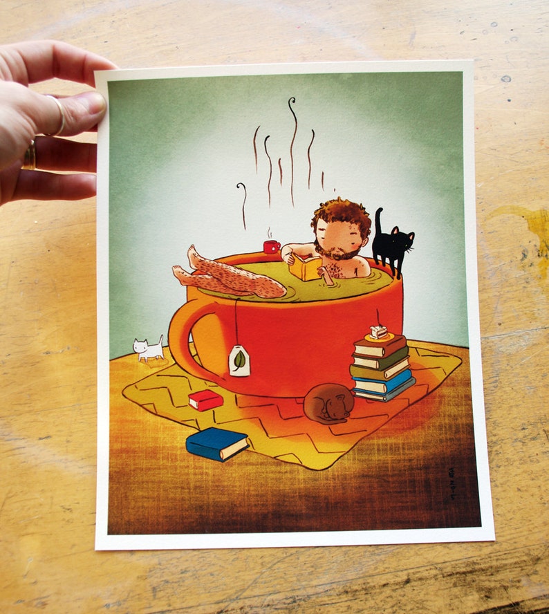 8x10 Cozy Man rustic relaxing tea book cat boy print image 5