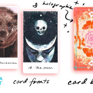 May include: Three rectangular tarot cards from The Yukika Tarot deck. The first card shows a person hugging a brown bear labeled 8 The Barbarian. The second card depicts a skull and crescent moon labeled 18 The Moon. The third card features orange butterflies.