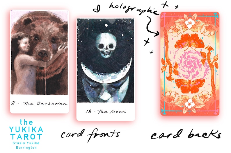 May include: Three rectangular tarot cards from The Yukika Tarot deck. The first card shows a person hugging a brown bear labeled 8 The Barbarian. The second card depicts a skull and crescent moon labeled 18 The Moon. The third card features orange butterflies.
