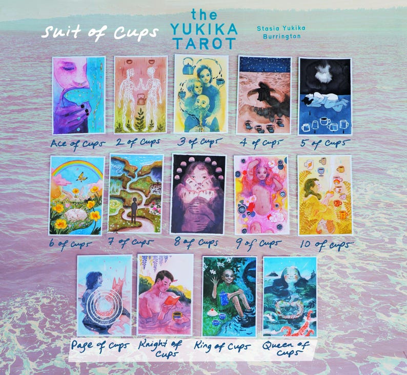 May include: A collection of fourteen tarot cards from the Suit of Cups in the Yukika Tarot deck by Stasia Yukika Burrington. Each rectangular card features a unique, colorful illustration with handwritten labels ranging from Ace of Cups to Queen of Cups.