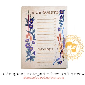 Side Quest Notepads Action Adventure Fantasy To Do lists Bow and Arrows