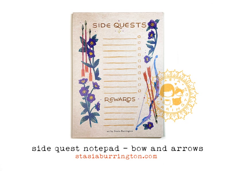 Side Quest Notepads Action Adventure Fantasy To Do lists Bow and Arrows