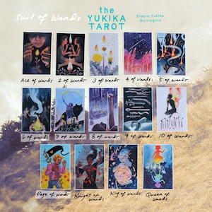 May include: A collection of fourteen tarot cards from the Suit of Wands in the Yukika Tarot deck by Stasia Yukika Burrington. Each card features unique, colorful illustrations depicting various scenes, figures, and symbols related to the suit of wands.