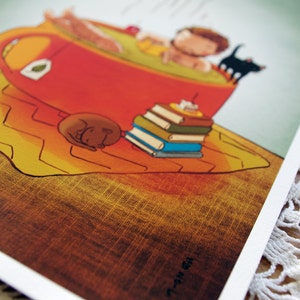 8x10 Cozy Man rustic relaxing tea book cat boy print image 4