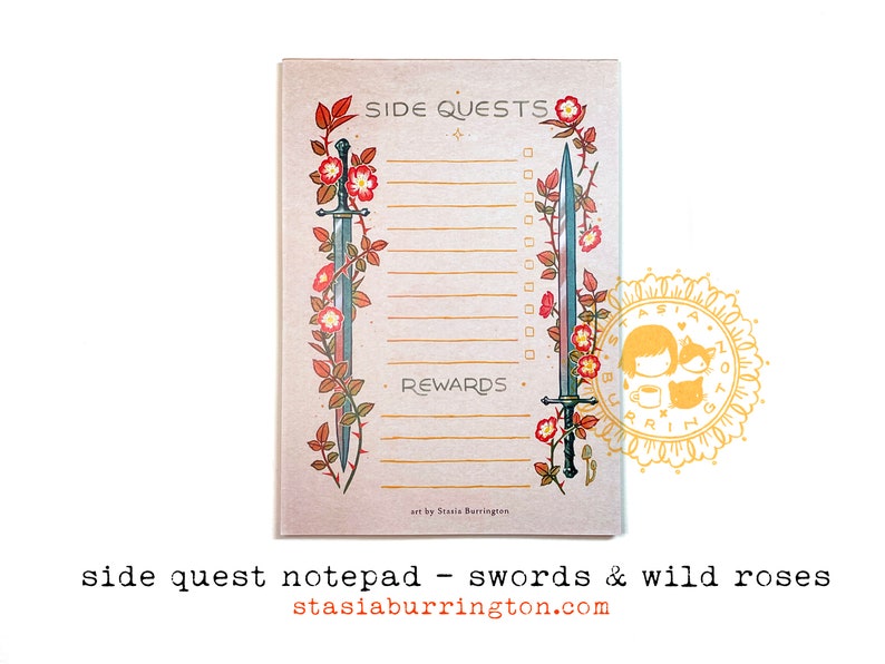 Side Quest Notepads Action Adventure Fantasy To Do lists Swords and Roses