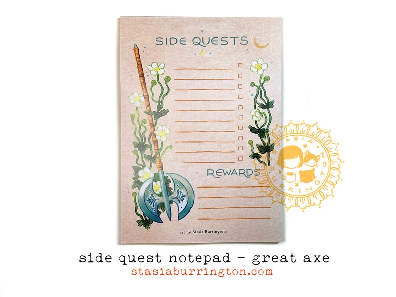 Side Quest Notepads Action Adventure Fantasy To Do lists Axe and Anemones