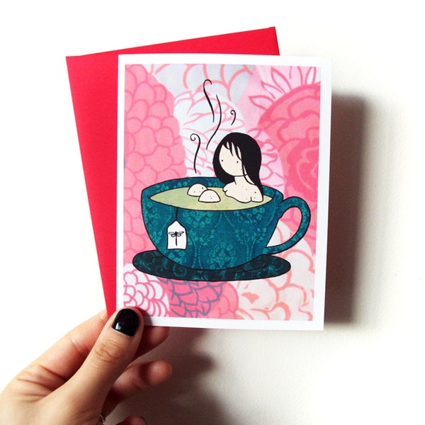 Tea Bath - cute blank greeting card with envelope